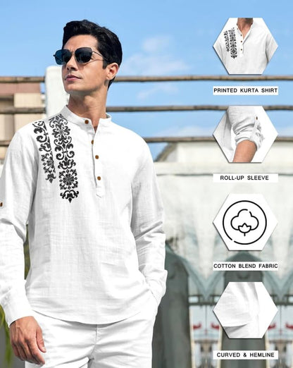 Finivo Fashion MenS Cotton Blend Short Kurta Shirt | Casual Ethnic Wear With Roll-Up Sleeves & Mandarin Collar | Comfortable Fi