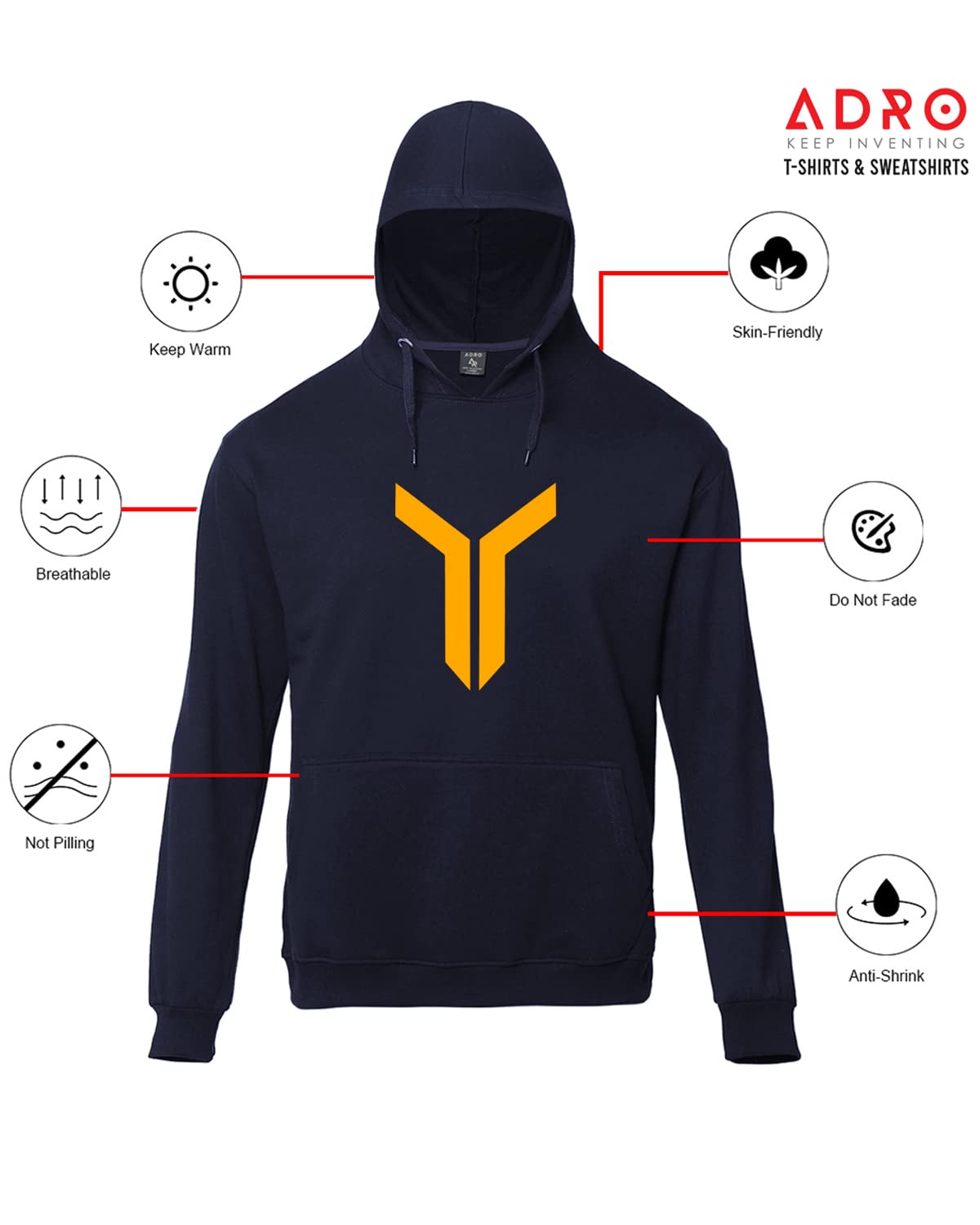 ADRO Men's Cotton Neck Hooded Sweatshirt (H22-M-LNN-NB_Navy)
