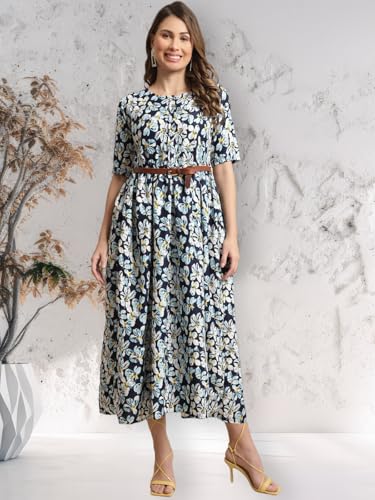 Preneum WomenS Georgette Floral Printed 3/4 Slevees A-Line Fit & Flare Gown With Beltindo-Western Ethnic Gown || A-Line Maxi Dr