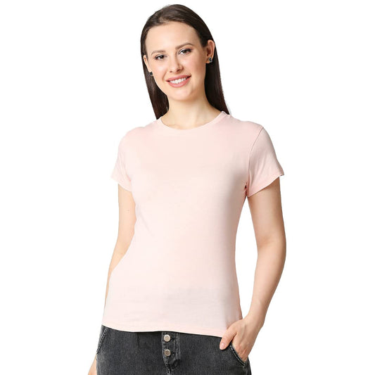 Bewakoof Women Plain Solid Pink Half Sleeve Round Neck T-Shirt - M