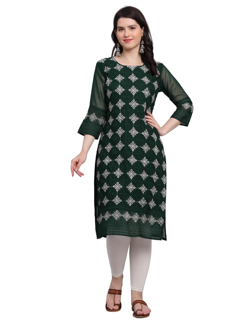 Ekasya WomenS Georgette Straight Cut Sweetheart Round Neck Kurta With Beautiful Lucknowi Chickenkari Embroidery Work (E1606) Da