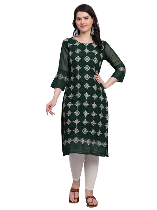 Ekasya WomenS Georgette Straight Cut Sweetheart Round Neck Kurta With Beautiful Lucknowi Chickenkari Embroidery Work (E1606) Da
