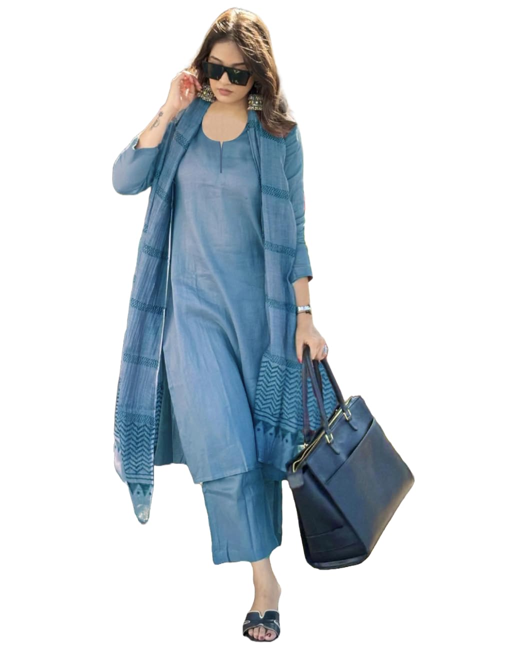 ANNI DESIGNER Womens Rayon Blend Straight Solid Kurta with Pant & Dupatta (Raja Saab Light Blue-VKS01_XXL_Light Blue_XX-Large)