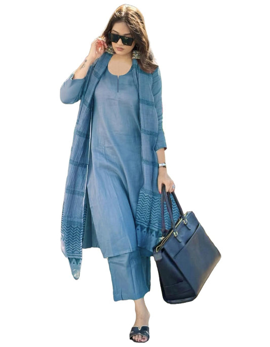 Gosriki WomenS Rayon Blend Straight Solid Kurta With Pant & Dupatta (Raja Saab Light Blue-Vks01-Gs_M_Light Blue_Medium)