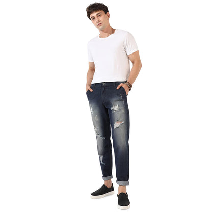 Campus Sutra Mens Classic Dark Blue Dark-Washed Distressed Patterned Denim Jeans | Regular Fit | Premium Stretchable Cotton Mid
