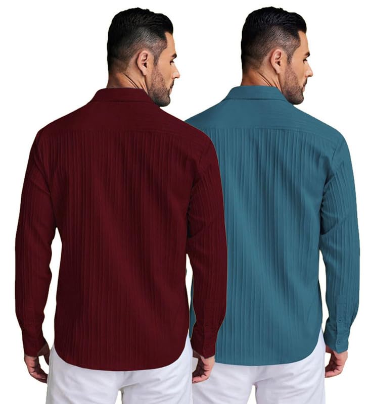 Deelmo Combo Of MenS Casual Button Down Shirts Long Sleeve Linen Shirt Fashion Textured Summer Shirts Pack Of 2