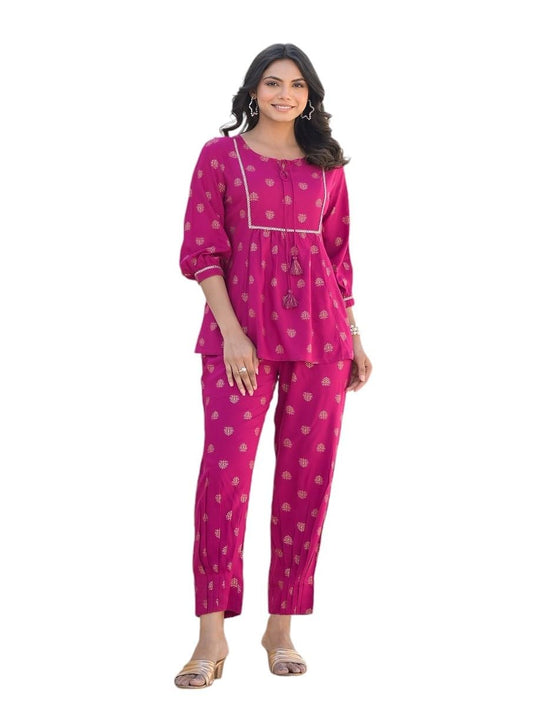 Stylum Women's Ethnic Motifs Printed Rayon Co-Ord Set (CSMGNTADAWN_Magenta)