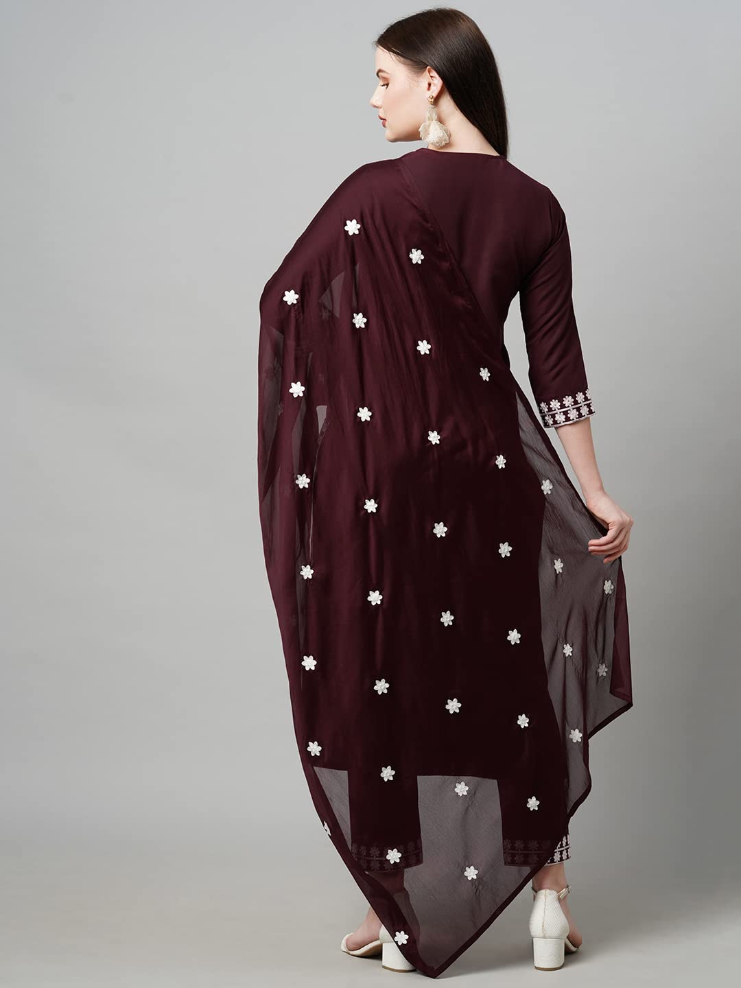 Gosriki WomenS Cotton Blend Embroidered Straight Kurta With Pant & With Dupatta (Dalfuna Wine_S-Gs_Wine_Small)