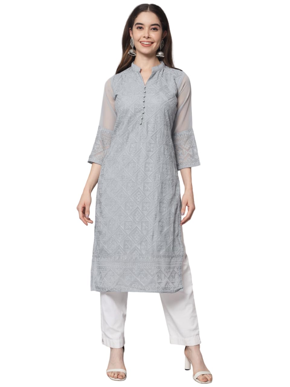 Ekasya WomenS Georgette Straight Cut Notch Neck Kurta With Beautiful Embroidery Work (E1547) Grey