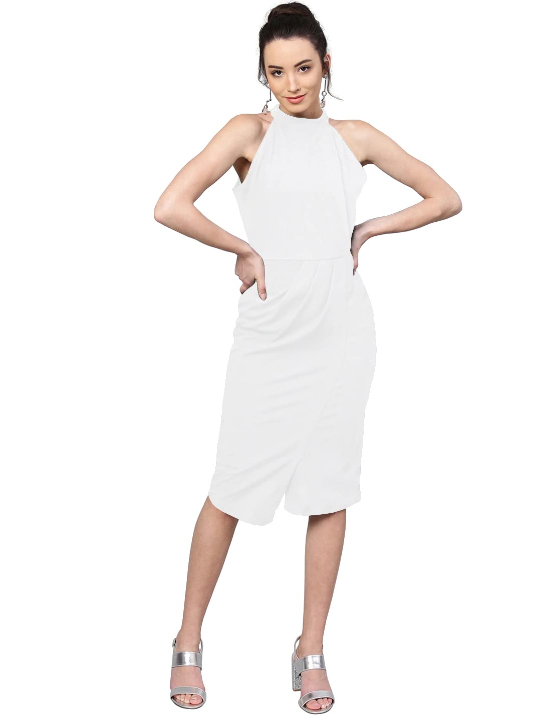 Shasmi Polyester Blend Bodycon Knee-Length WomenS Elegant Halter Neck Pleated Flounce Sleeveless Midi Dress (Dresses For Tops_W