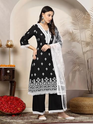 Stylum WomenS Black Ethnic Printed Rayon A-Line Kurta Palazzo Dupatta Set