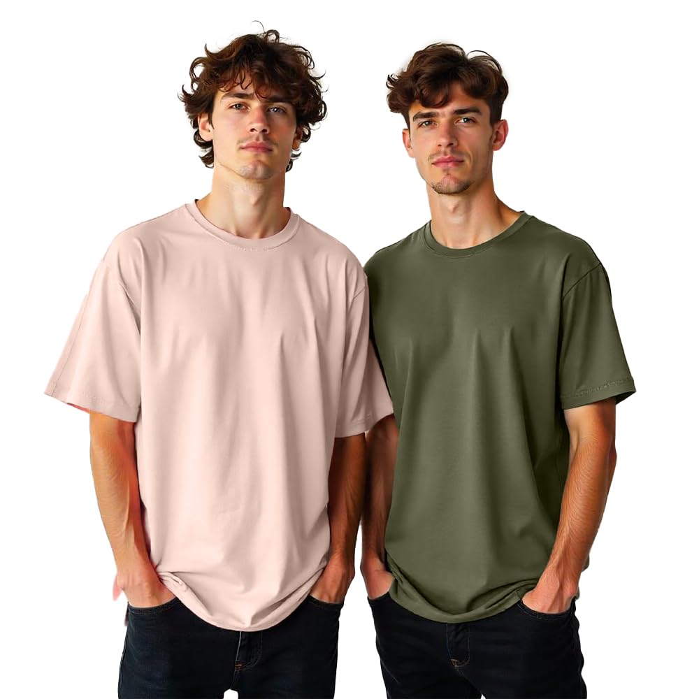 Nobero MenS Cotton Solid Oversized Fit T-Shirt (1M-Twrt-R0002_Olive/Blush