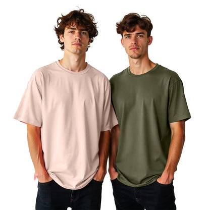 Nobero MenS Cotton Solid Oversized Fit T-Shirt (1M-Twrt-R0002_Olive/Blush