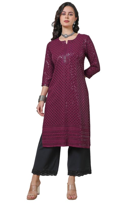 Soch Womens Wine Rayon Embroidered Straight Kurta With Sequins