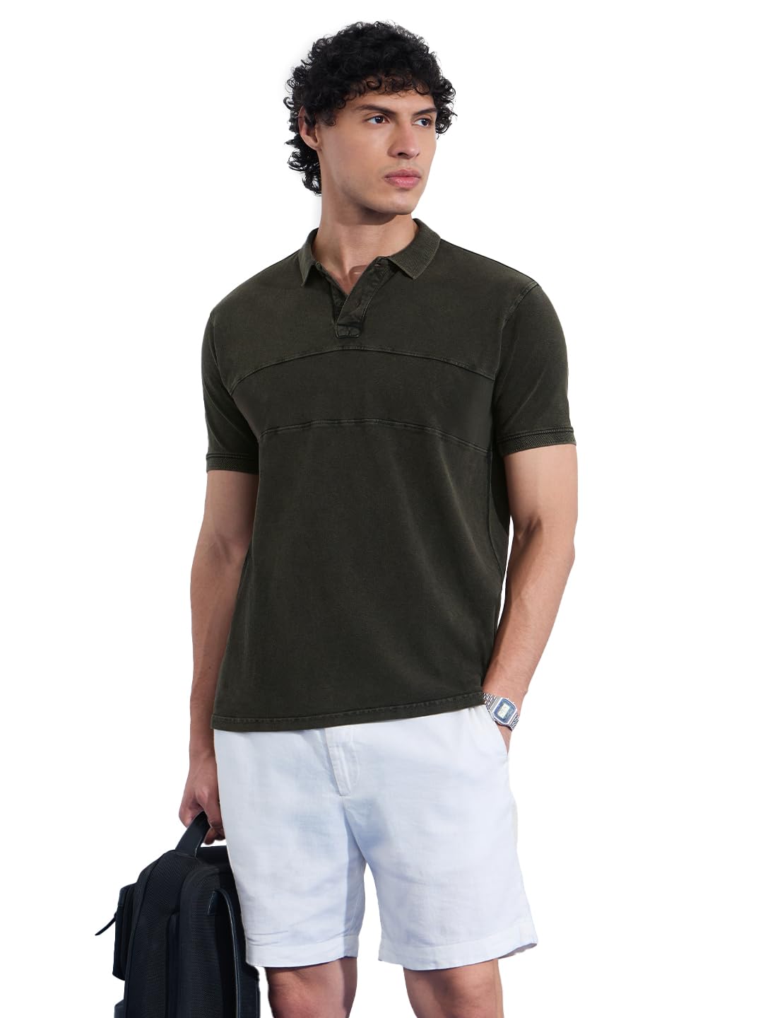 The Souled Store Vintage Wash: Pine Men and Boys Short Sleeves Polo Collar Dark Green Solid Cotton Regular Fit T-Shirts