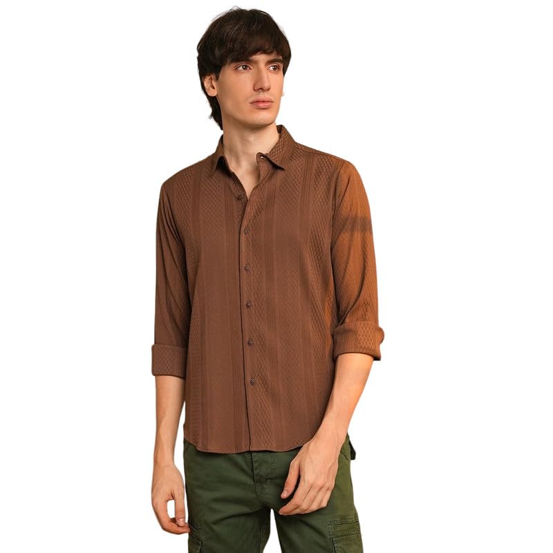 Campus Sutra Mens Chocolate Brown Mesh-Textured Knit Shirt | Casual Wear | Spread Collar | Long Sleeve | Button Closure | Shirt