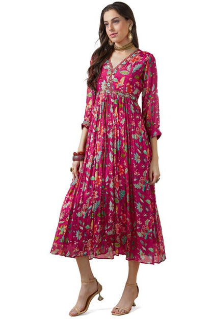 Soch Womens Fuchsia Chinon Floral Print Gathered Dress With Mirror Work