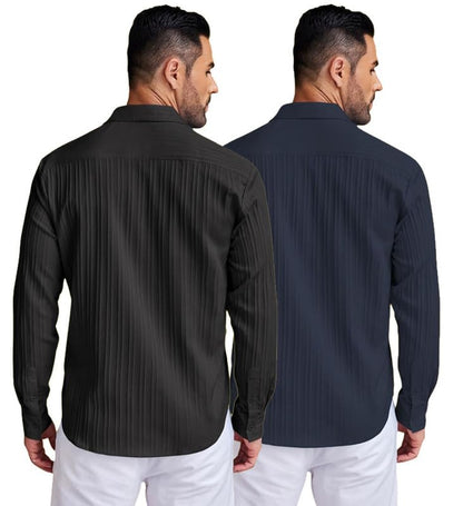Deelmo Combo Of MenS Casual Button Down Shirts Long Sleeve Linen Shirt Fashion Textured Summer Shirts Pack Of 2 Black - Navy Bl