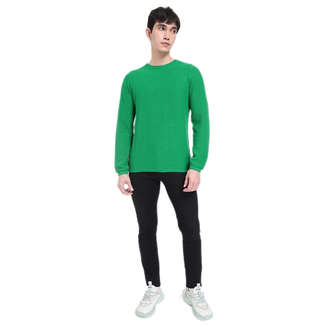 Bewakoof Mens Solid Green Round Neck Full Sleeve Sweater
