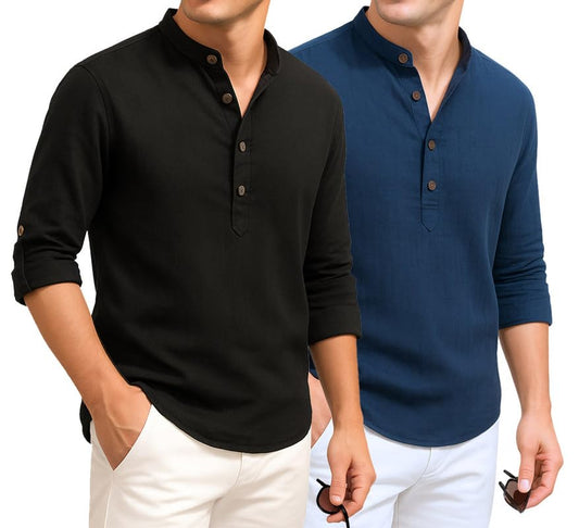 Deelmo Combo Of MenS Cotton Blend Solid Regular Fit Full Sleeve Short Kurta | MenS Trendy Short Kurta Pack Of 2 Black - Navy