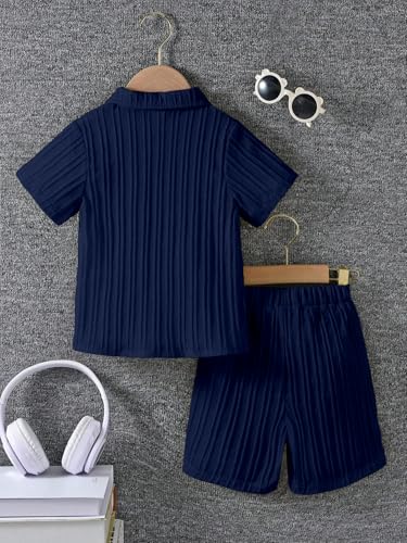 AVANOVA Boys Navy Blue 2-Piece Outfit Set  Short Sleeve Button Front Shirt with Matching Shorts, Summer Casual Clothing for Kids