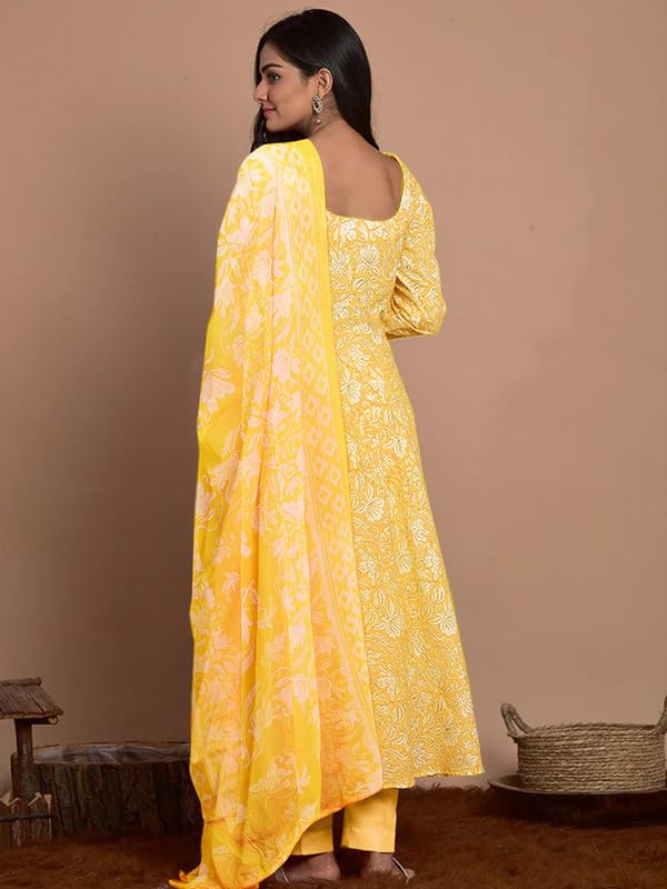 Pinkmint Women Cotton Blend Anarkali Floral Printed Kurta with Pant & Dupatta Yellow