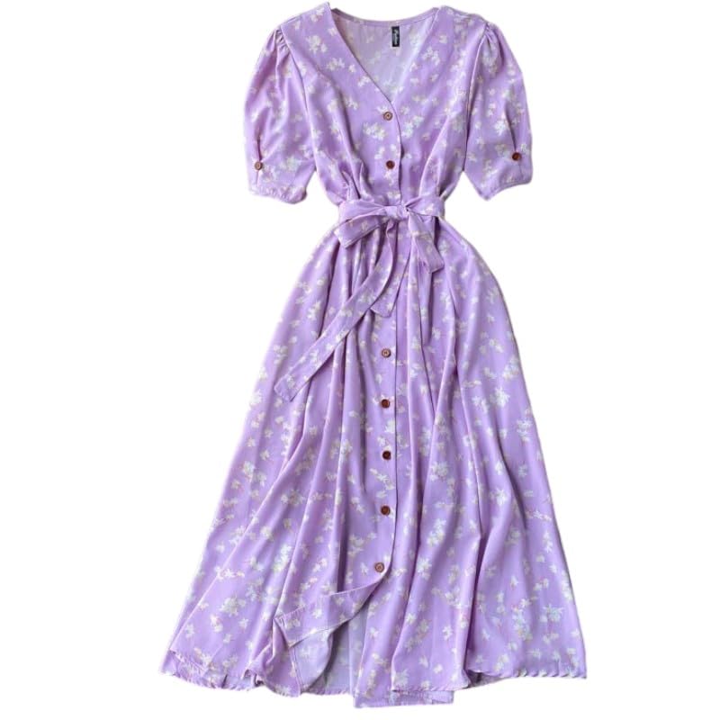 Gufrina Dresses For Women Half Sleeve || Floral Print || V-Neck And Puff Sleeves || Front Open Button & Tie-Up || Midi Dress (La