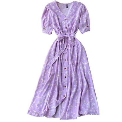 Gufrina Dresses For Women Half Sleeve || Floral Print || V-Neck And Puff Sleeves || Front Open Button & Tie-Up || Midi Dress (La