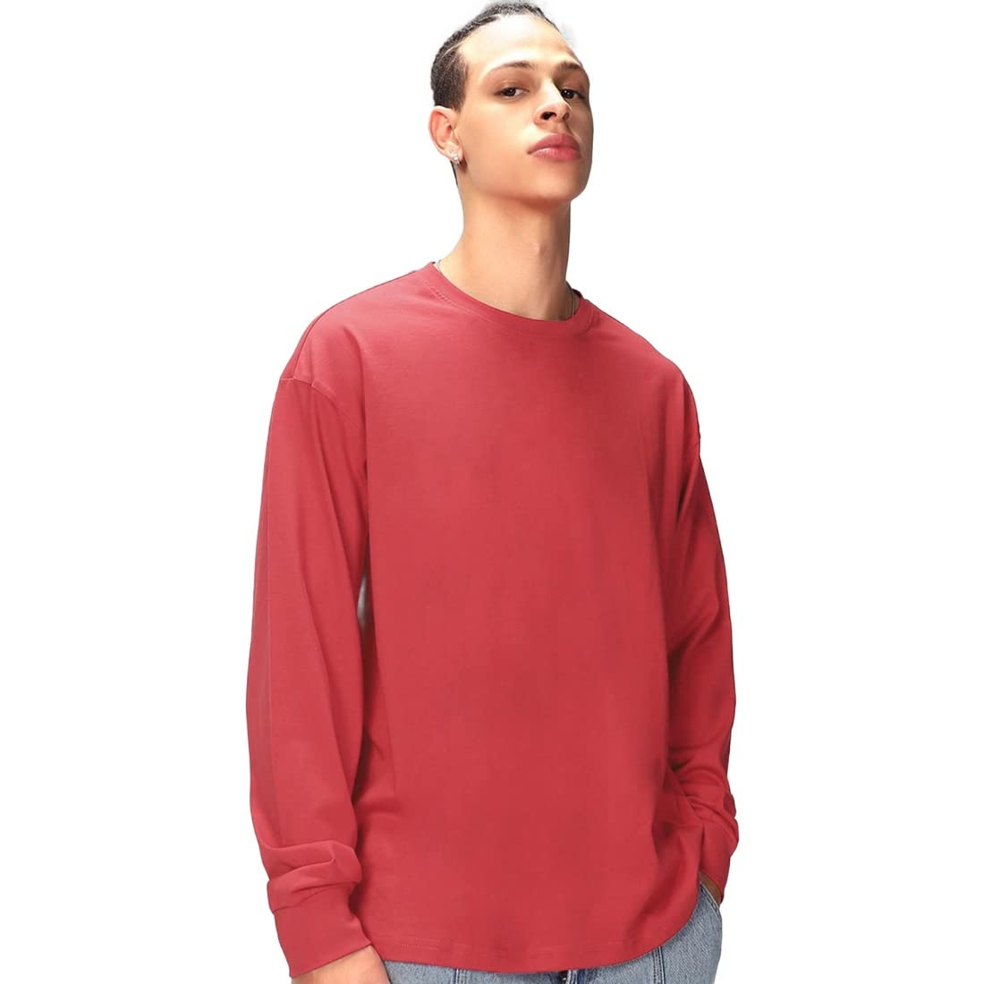 Bewakoof Mens Plain Solid 100% Cotton T-Shirt- Oversized Fit, Round Neck, Long Sleeve Red