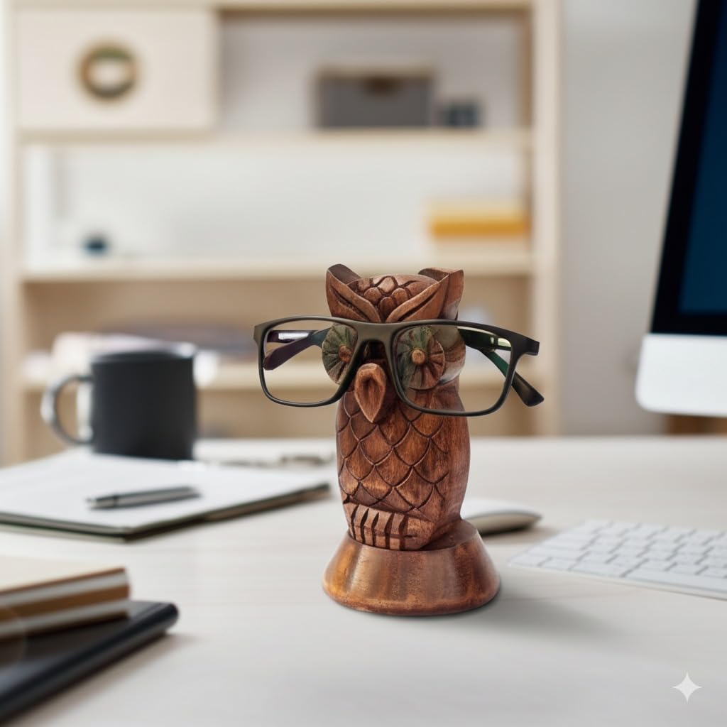 STORE INDYA Hand Carved Wooden Eyeglass Spectacle Holder Stand - Owl Standing White Rustic - Perfect Desk Décor Gift for Home Office - Secure Storage for Glasses, Jewelry, Watches - Perfect Mother's Day Gift
