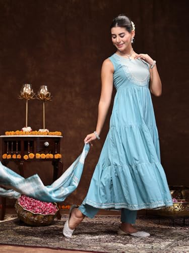 Stylum WomenS Aqua Blue Solid & Embroidered Cotton Tiered Kurta Pant Dupatta Set