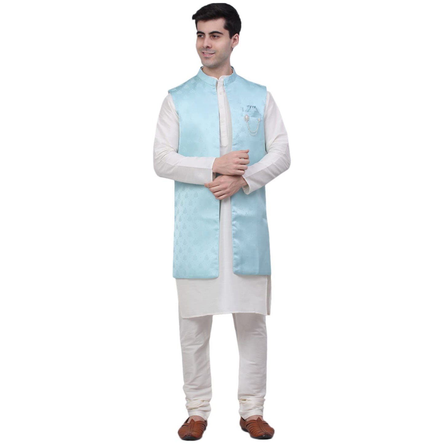 Jompers Mens Solid Kurta Pyjama Set With Woven Design Waistcoat Jacket