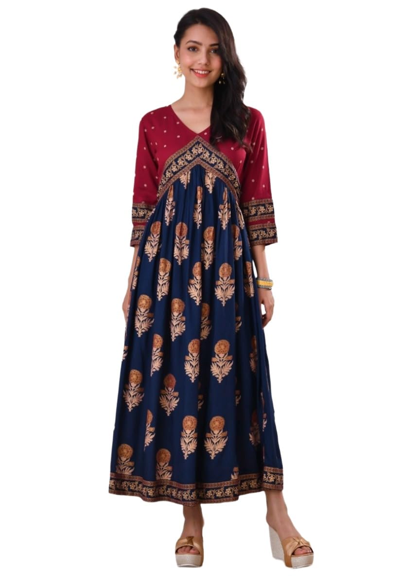ANNI DESIGNER, Womens Rayon Viscose Anarkali Kurta for Women, Floral Print Gown Kurta (ASLIN Cerosin_S_Cerosin_Small)