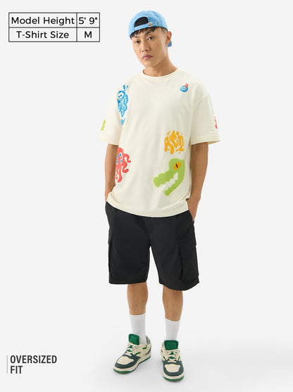 The Souled Store Acid Drip Men and Boys Short Sleeve Round Neck Off White Puff Printed Cotton Oversized T-Shirts