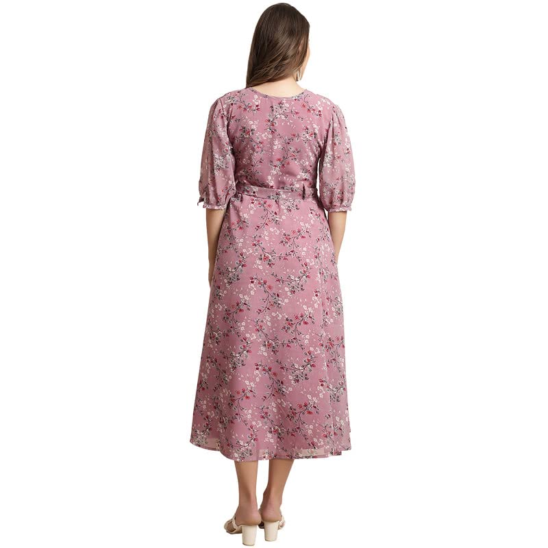 Preneum WomenS Maxi Fit & Flare Latest Style Print Georgette Regular Sleeves Casual Maxi | Summer Festival & Occasion, Light Pi