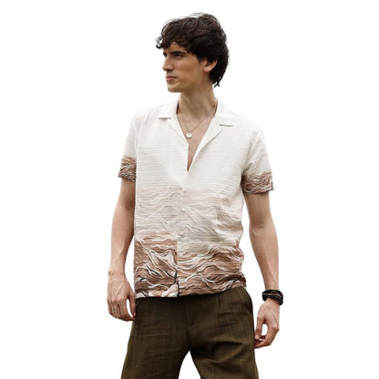 Campus Sutra Mens Ivory White & Tan Brown Desert Ombre Shirt | Casual Wear | Cuban Collar | Short Sleeve | Button Closure | Shi