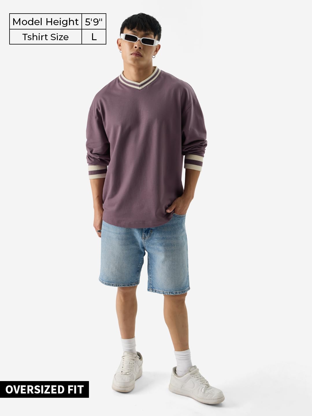 The Souled Store Solids: Mauve Men and Boys 100% Cotton V-Neck Oversized Fit Full Sleeve T-Shirts Oversized Mens T-Shirts Solid