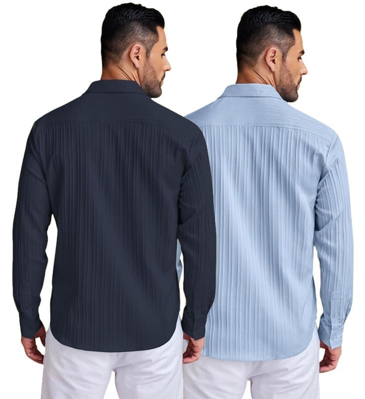 Deelmo Combo Of MenS Casual Button Down Shirts Long Sleeve Linen Shirt Fashion Textured Summer Shirts Pack Of 2