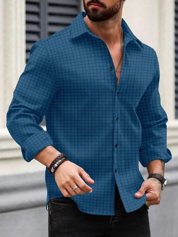 Deelmo MenS Regular Fit Checks Pattern Polyester Blend Shirt With Collared Neck Long Sleeve And Standard Length | Shirt For Man