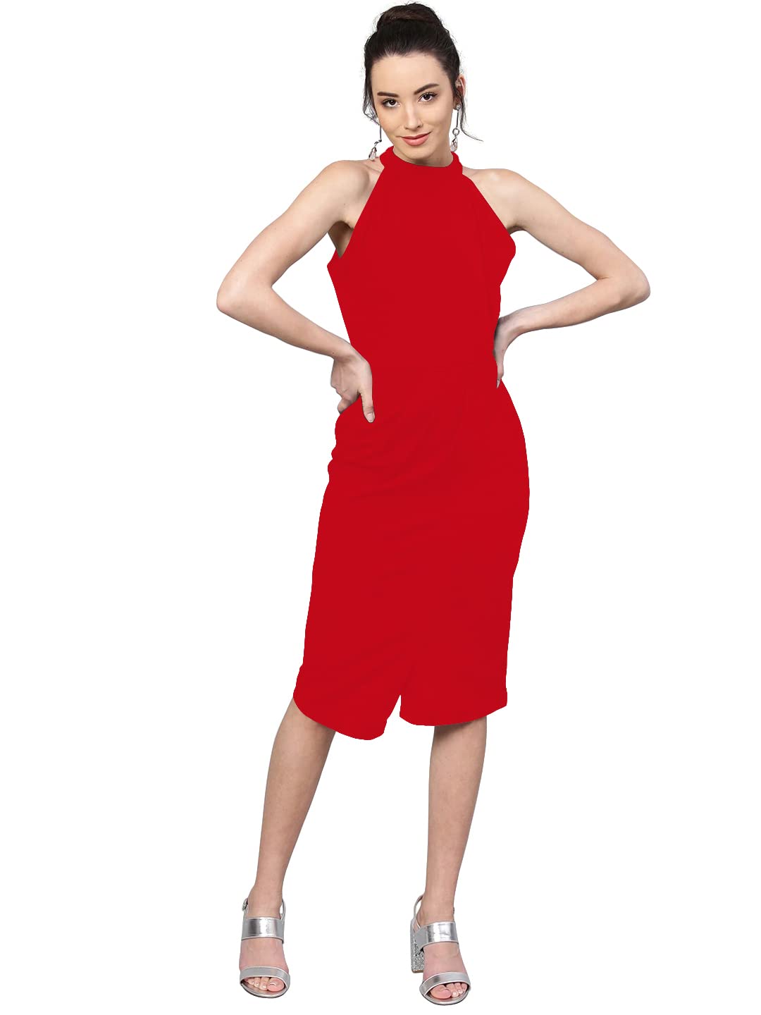 Shasmi Polyester Blend Bodycon Knee-Length WomenS Elegant Halter Neck Pleated Flounce Sleeveless Midi Dress (Dresses For Tops_R