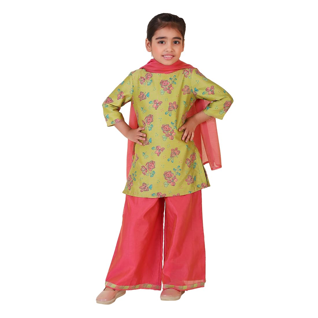 Fabindia GirlS Cotton Silk Printed Regular Kurta Set (1036697Lime_Lime