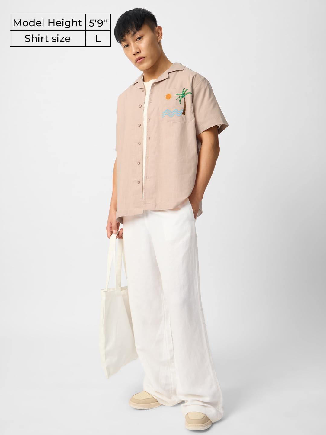 The Souled Store Aurora Men and Boys Short Sleeves Collared Neck Button Front Beige Embroidered Cotton Holiday Shirts