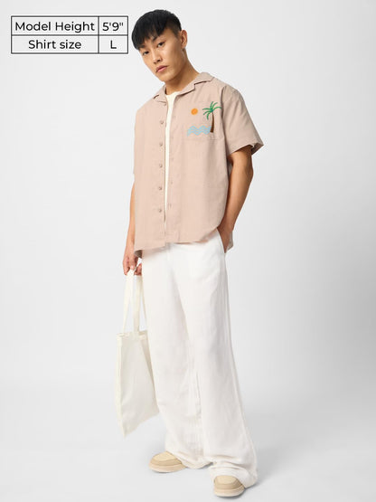 The Souled Store Aurora Men and Boys Short Sleeves Collared Neck Button Front Beige Embroidered Cotton Holiday Shirts