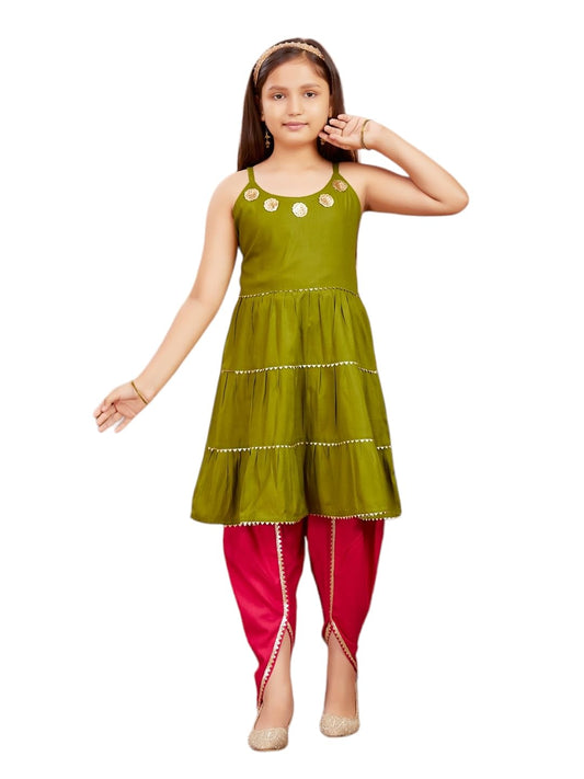 Aarika Girls Ethnic Wear Mehendi Colour Sequins With Gota Lace Work Rayon Dhoti Kurta Set (5-11 Years)