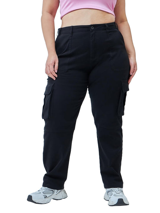 Bewakoof Womens Solid Regular Fit Cotton Blend Plus Size Casual Pants_620018_Black_44