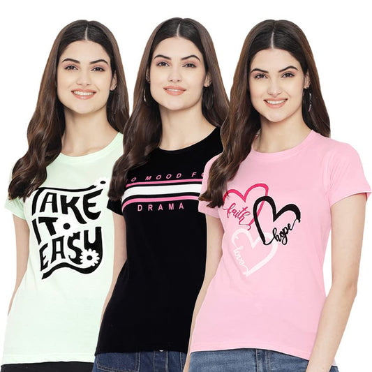 Preneum Womens Cotton Regular Fit Latest Graphic Stylish Printed Short Sleeves Casual T-Shirt || Trendy & Styling (Pack 3), Gre