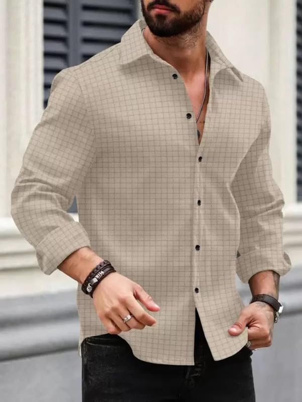 Deelmo MenS Regular Fit Checks Pattern Polyester Blend Shirt With Collared Neck Long Sleeve And Standard Length | Shirt For Man