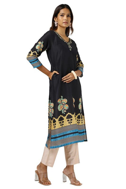 Soch Womens Black Muslin Blend Printed Kurta With Cutdana