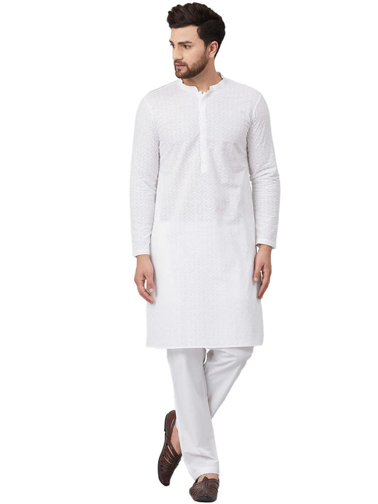 See Designs Men White Chikankari Embroidered Woven Design Straight Kurta