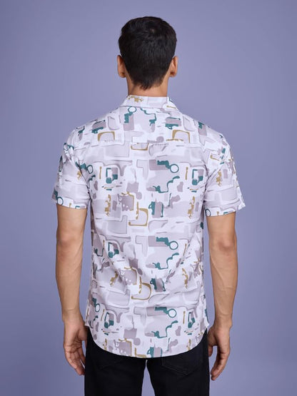 Pinkmint Stylish Shirt for Men ll Printed Half Sleeve Shirts ll Regular Fit Chest Pocket Shirt Off White